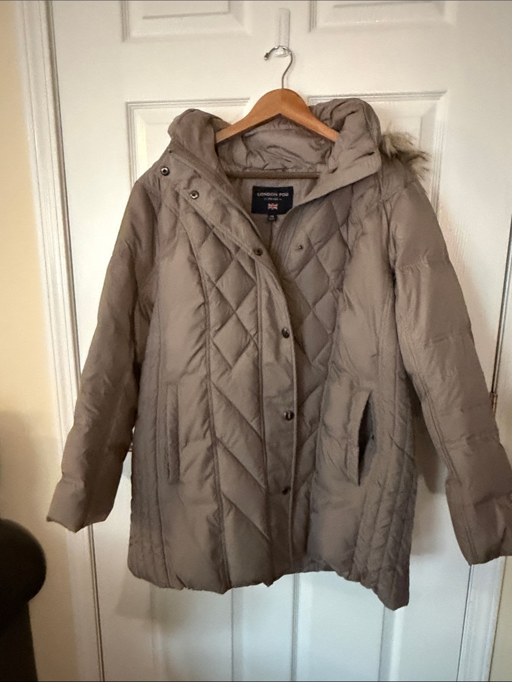 London Fog Quilted Hooded Puffer Coat in Taupe